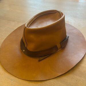 Women’s Tan Leather Wide-Brim Fedora Hat